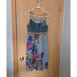 Anthropologie Floreat Silk Dress Womens Size 2 Blue With Floral Lined Skirt